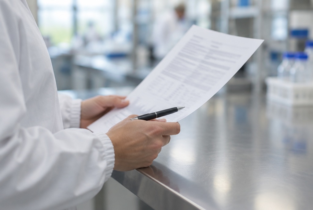Gloved hands holding a printed calibration report at a laboratory bench