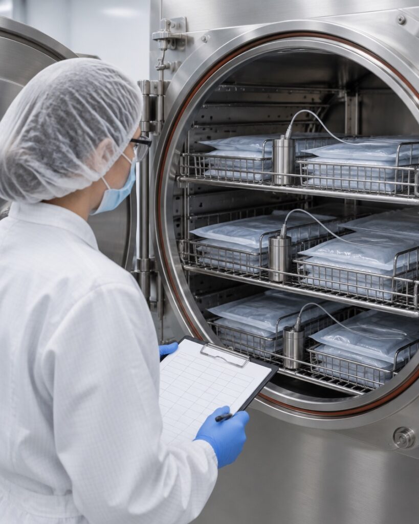 Technician validating an autoclave with temperature and pressure data loggers