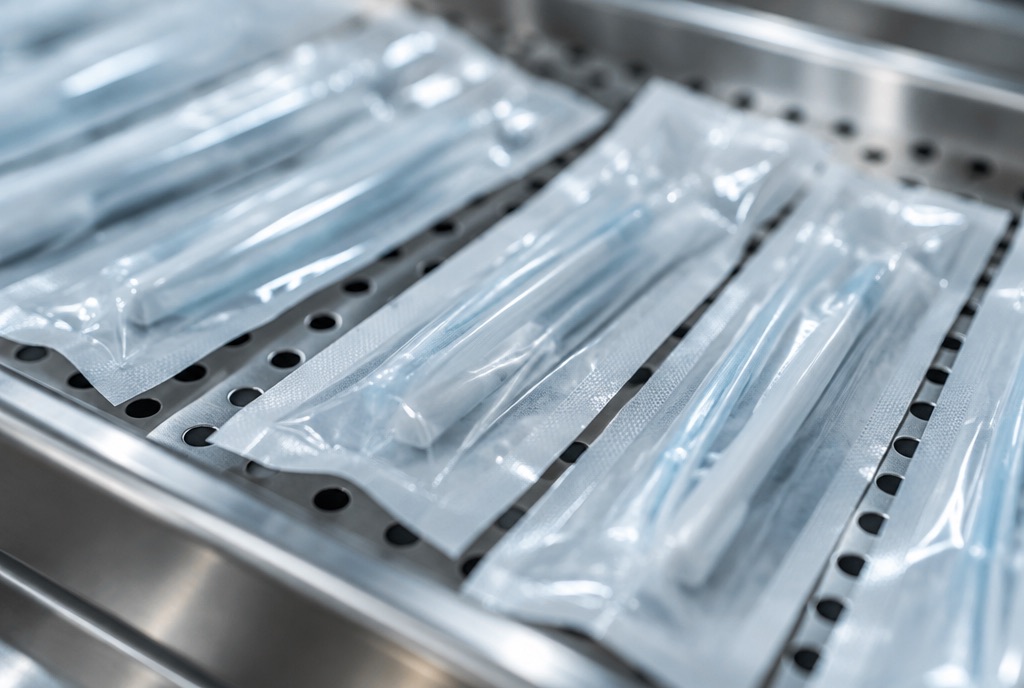 Sealed sterile medical device pouches laid in rows on a perforated stainless steel tray