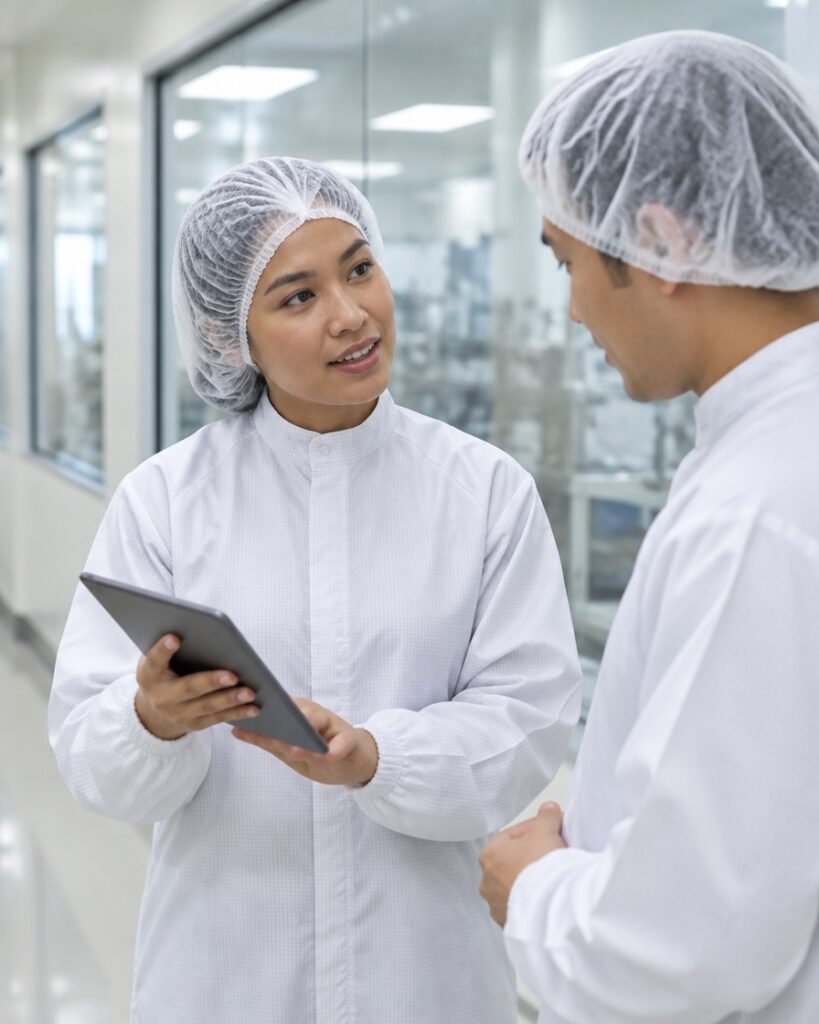 GT2 technician showing monitoring data on a tablet to a colleague in a facility corridor